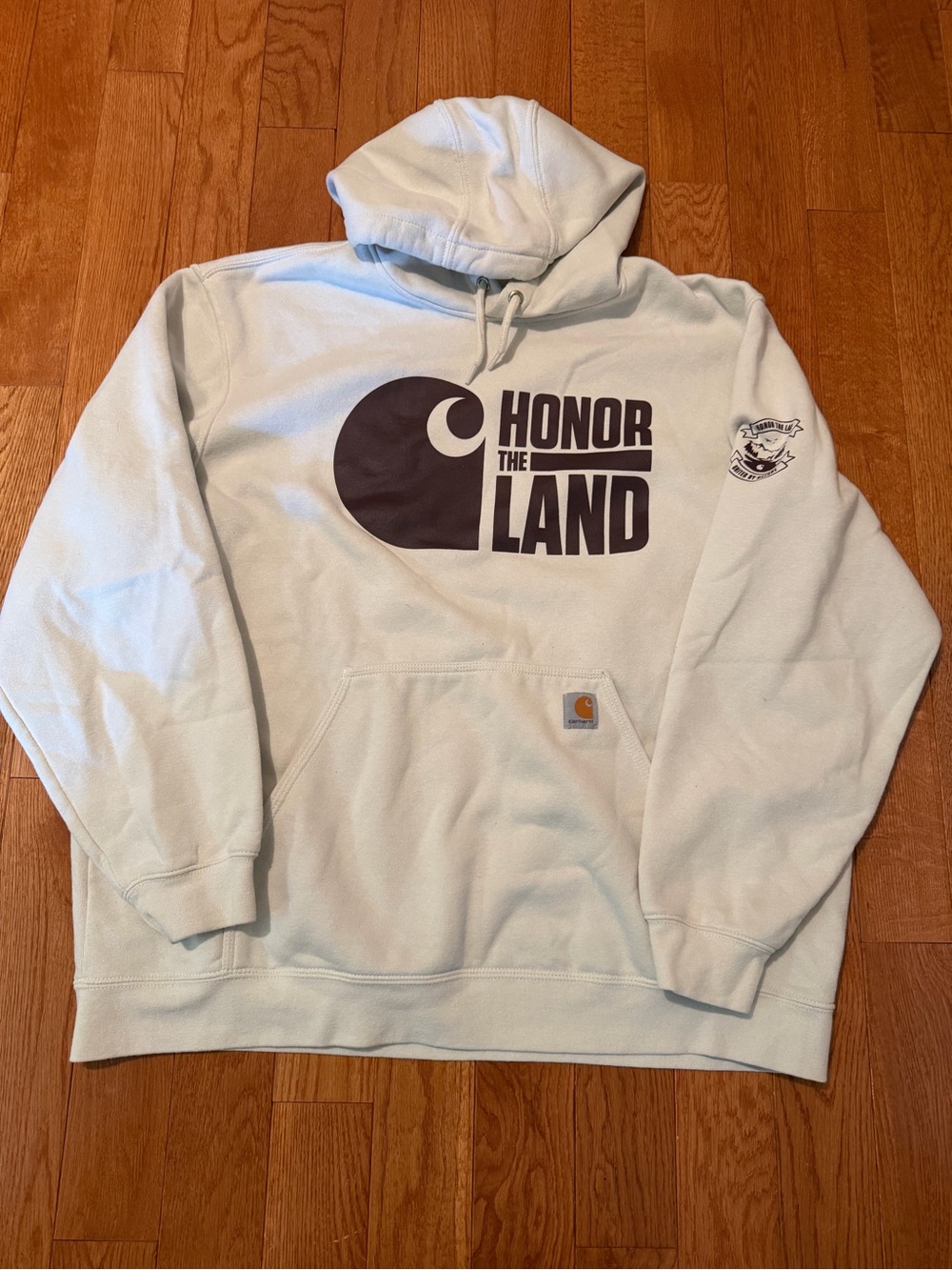 Carhartt Hoodie Mens 2XL Off White Light Gray Logo Graphic Sleeve Loose Fit